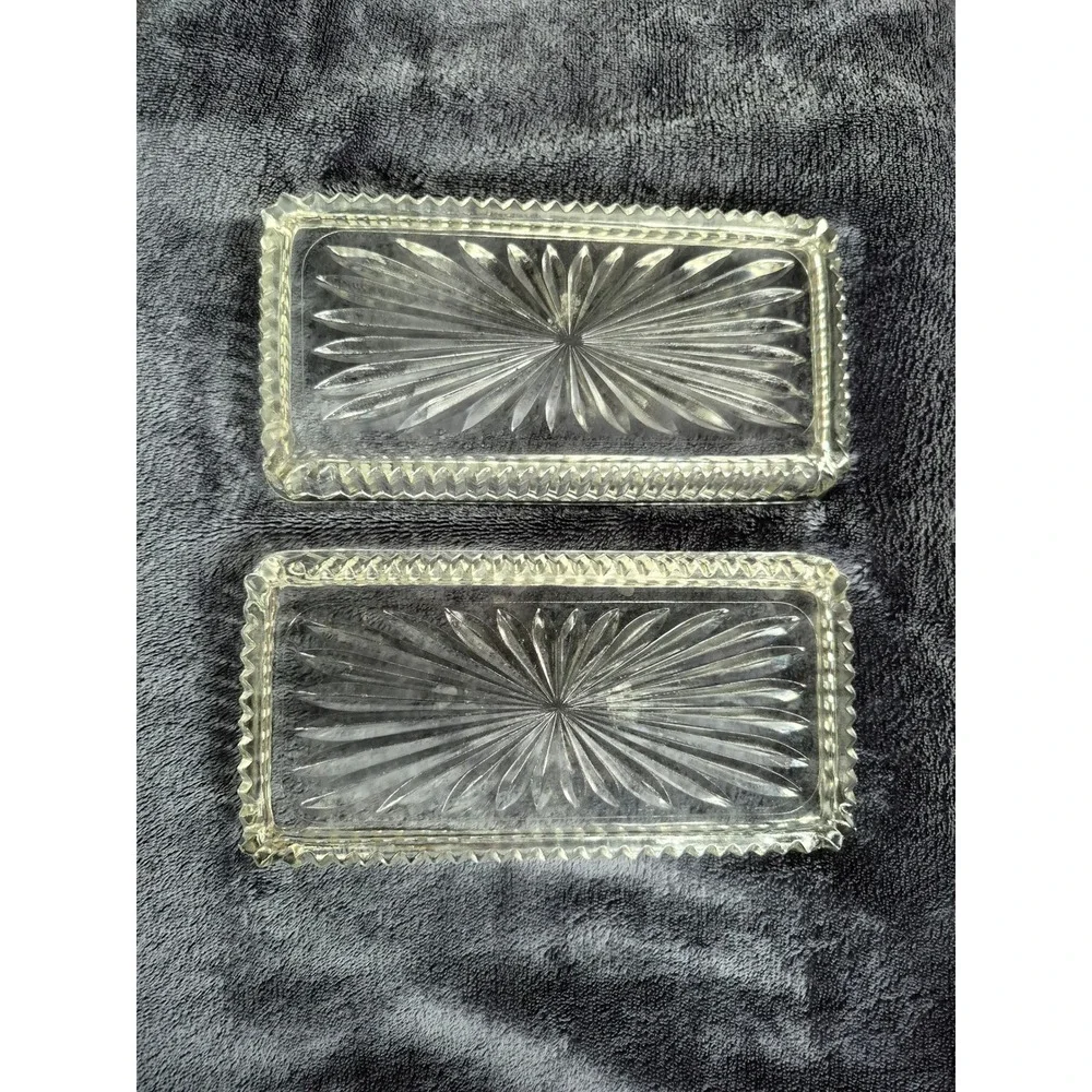 Vintage Clear Pressed Glass Butter Dish Tray Set of 2 Starburst Vanity Dish